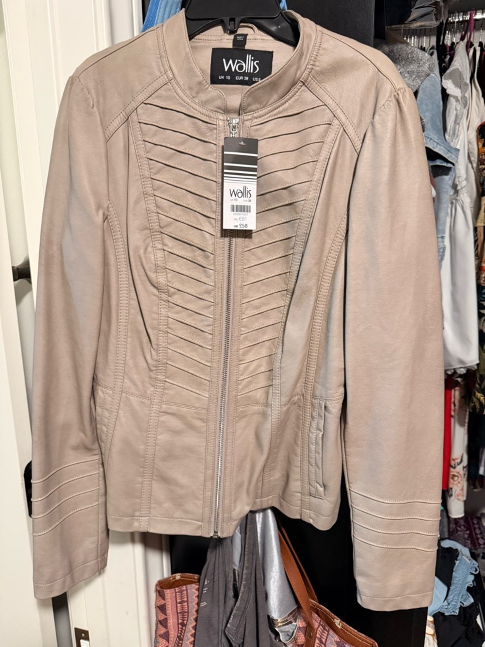 Wallis Light Taupe Faux Leather Jacket with Paneled Stitch Detail